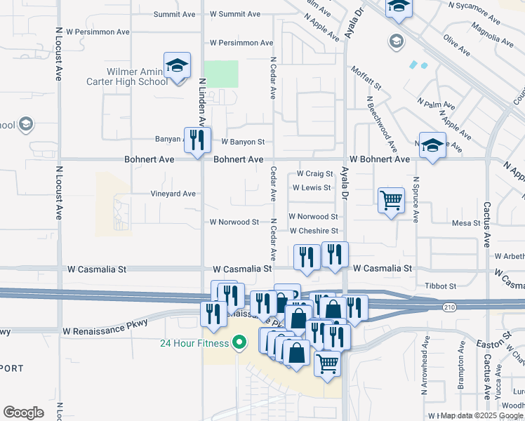 map of restaurants, bars, coffee shops, grocery stores, and more near 1343 West La Gloria Drive in Rialto
