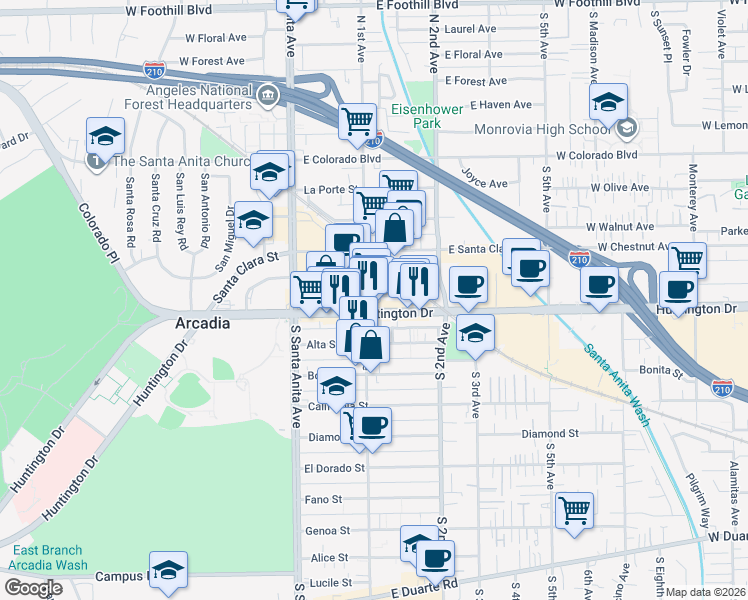 map of restaurants, bars, coffee shops, grocery stores, and more near 118 East Huntington Drive in Arcadia