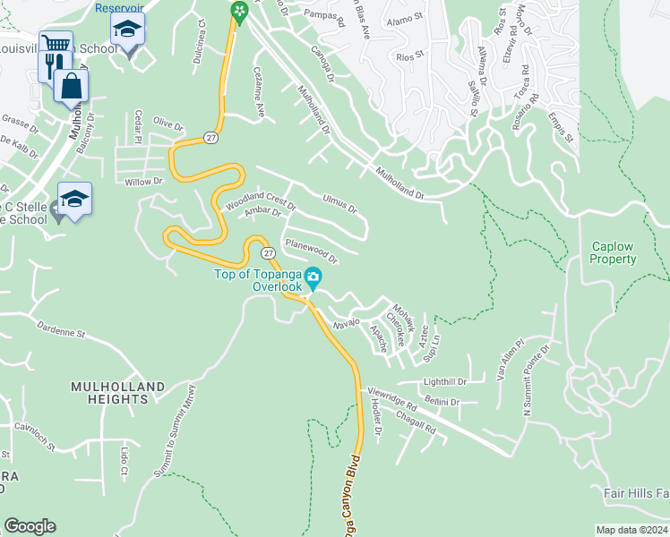 map of restaurants, bars, coffee shops, grocery stores, and more near 21706 Planewood Drive in Topanga