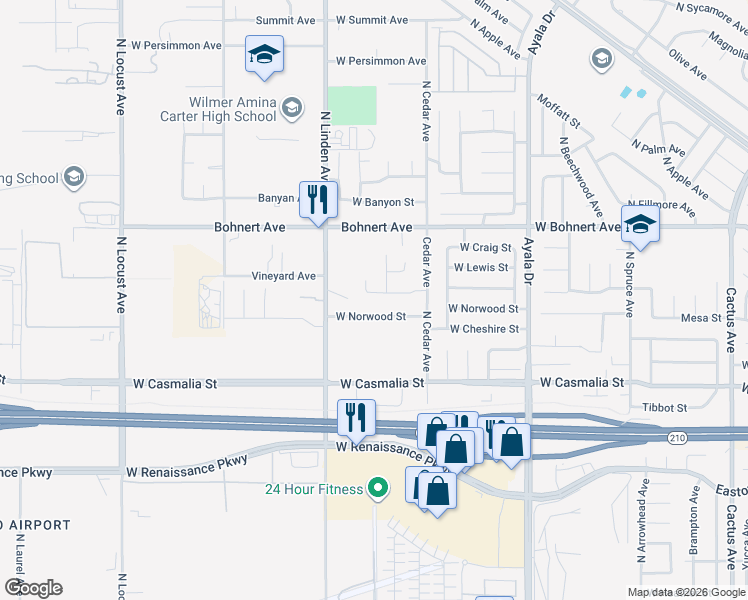 map of restaurants, bars, coffee shops, grocery stores, and more near 1422 West Norwood Street in Rialto