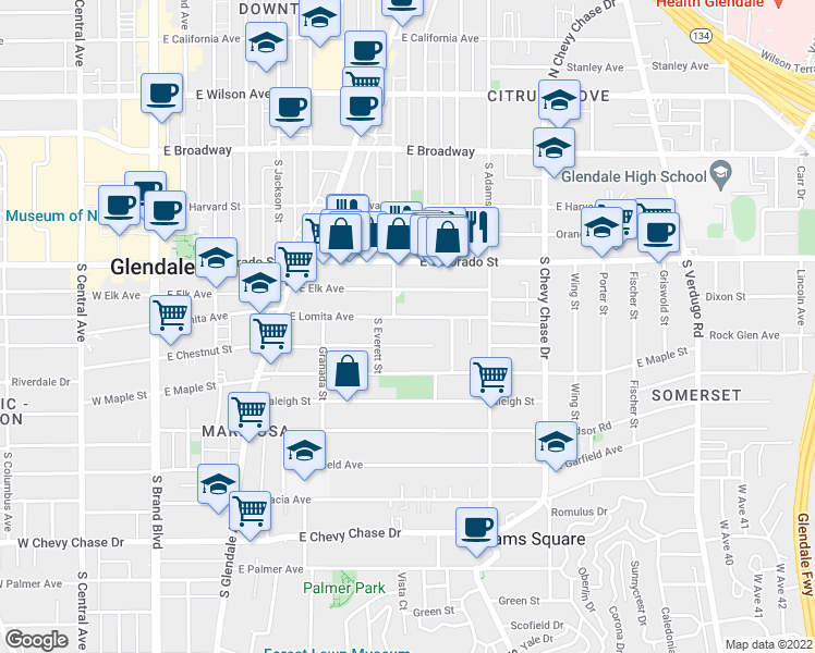 map of restaurants, bars, coffee shops, grocery stores, and more near 810 East Lomita Avenue in Glendale