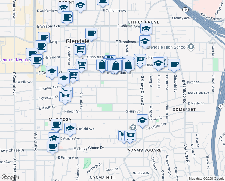 map of restaurants, bars, coffee shops, grocery stores, and more near 523 South Belmont Street in Glendale