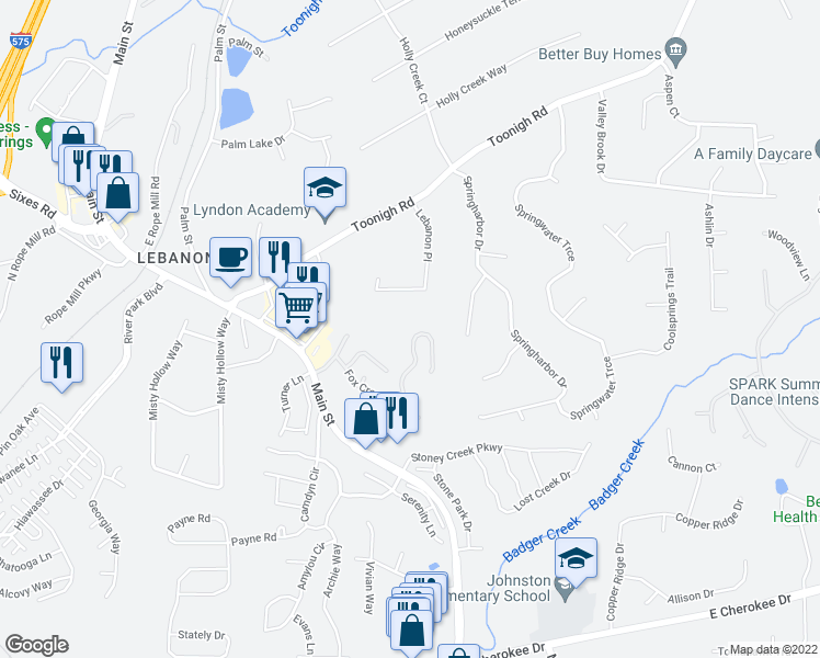 map of restaurants, bars, coffee shops, grocery stores, and more near 553 Fox Creek Crossing in Woodstock