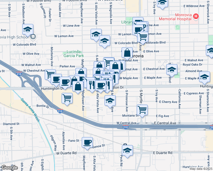 map of restaurants, bars, coffee shops, grocery stores, and more near 336 Huntington Drive in Monrovia
