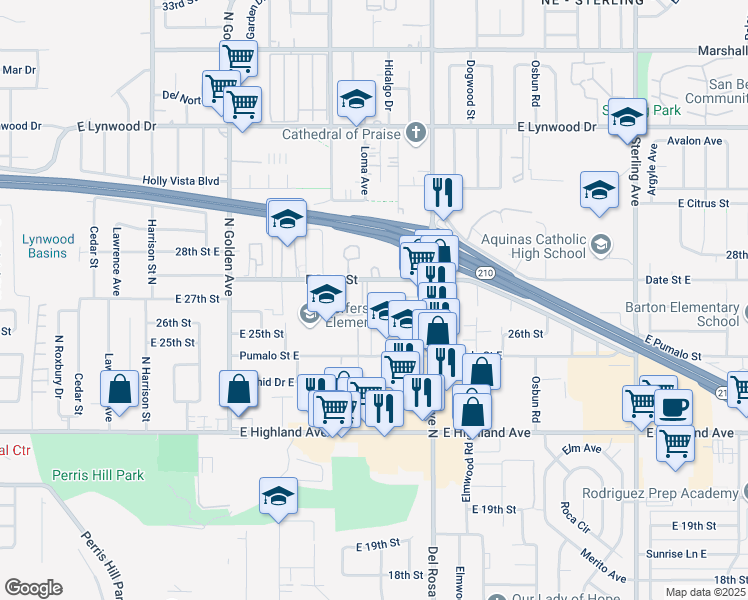 map of restaurants, bars, coffee shops, grocery stores, and more near 1476 Pumalo Street East in San Bernardino