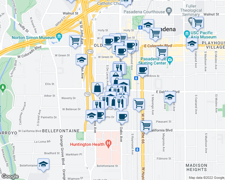 map of restaurants, bars, coffee shops, grocery stores, and more near 56 West Del Mar Boulevard in Pasadena