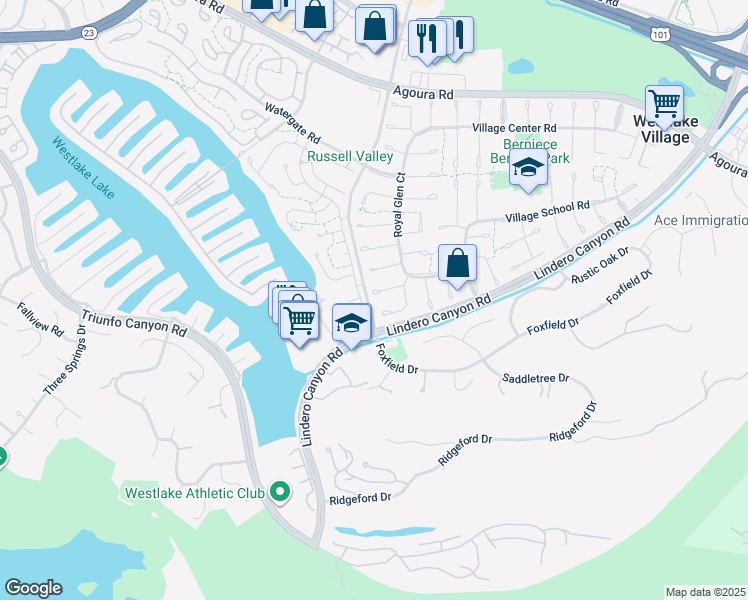 map of restaurants, bars, coffee shops, grocery stores, and more near 31940 Richgrove Court in Westlake Village