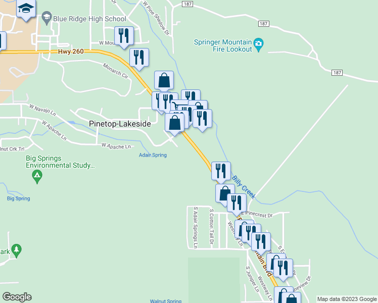map of restaurants, bars, coffee shops, grocery stores, and more near 25 East White Mountain Boulevard in Pinetop-Lakeside