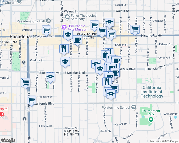 map of restaurants, bars, coffee shops, grocery stores, and more near 306 South El Molino Avenue in Pasadena