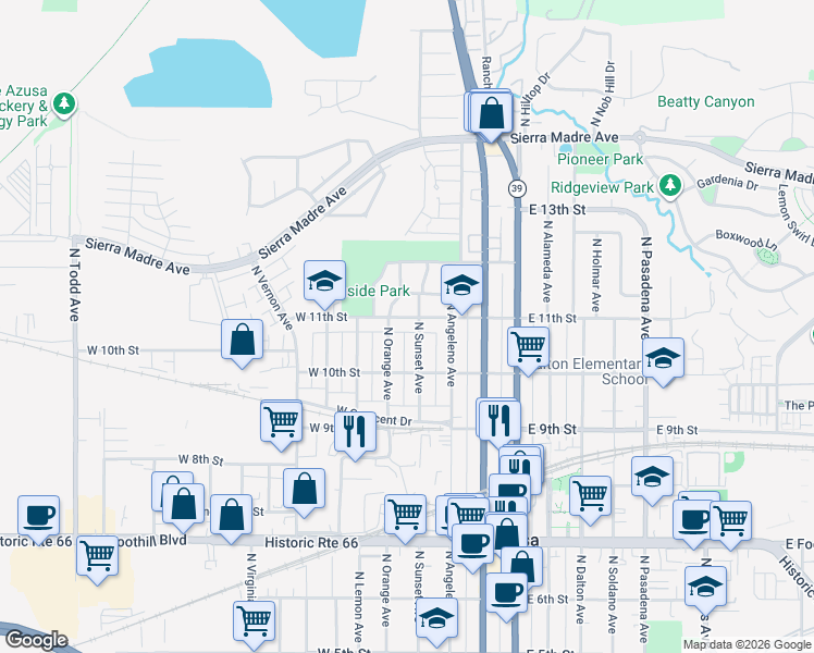 map of restaurants, bars, coffee shops, grocery stores, and more near 424 West 11th Street in Azusa