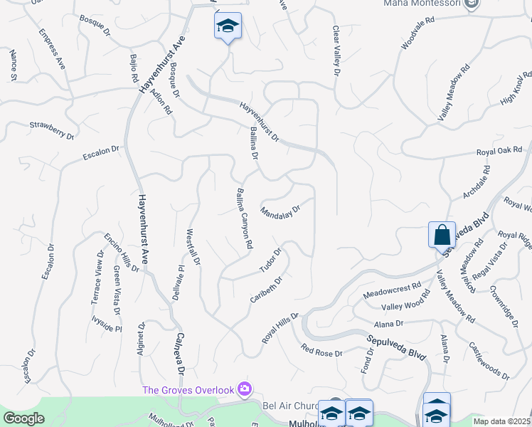 map of restaurants, bars, coffee shops, grocery stores, and more near 16350 Mandalay Drive in Los Angeles