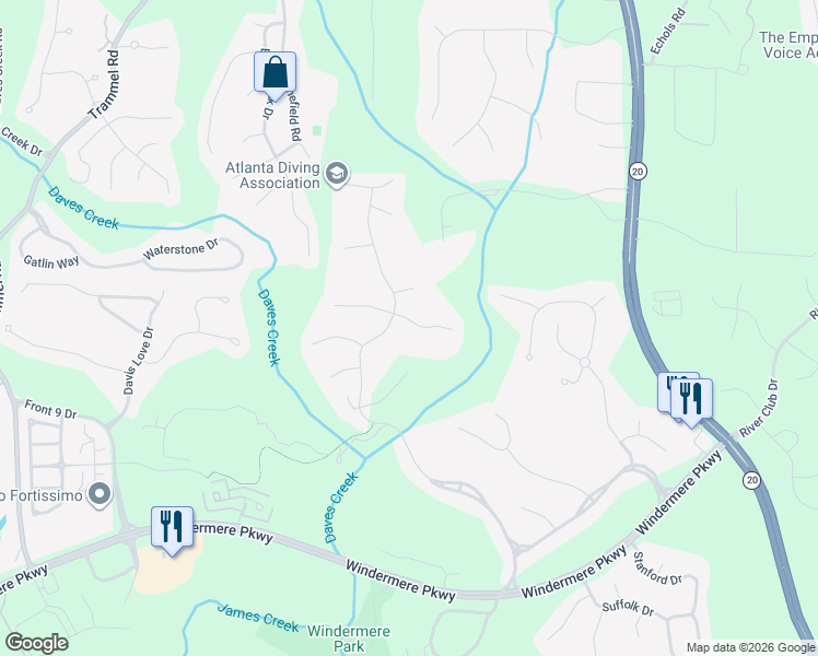 map of restaurants, bars, coffee shops, grocery stores, and more near 2410 Gants Hill Place in Cumming