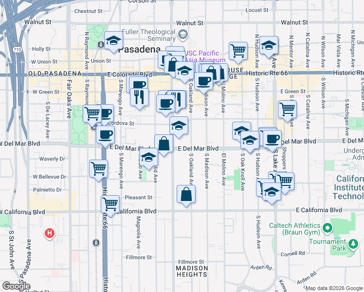 map of restaurants, bars, coffee shops, grocery stores, and more near 477 East Del Mar Boulevard in Pasadena
