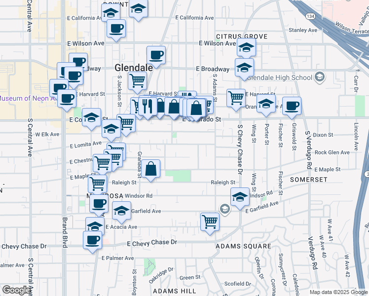 map of restaurants, bars, coffee shops, grocery stores, and more near 809 East Chestnut Street in Glendale