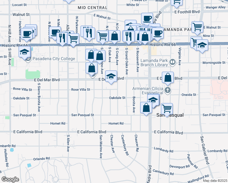 map of restaurants, bars, coffee shops, grocery stores, and more near 2116 Rose Villa Street in Pasadena