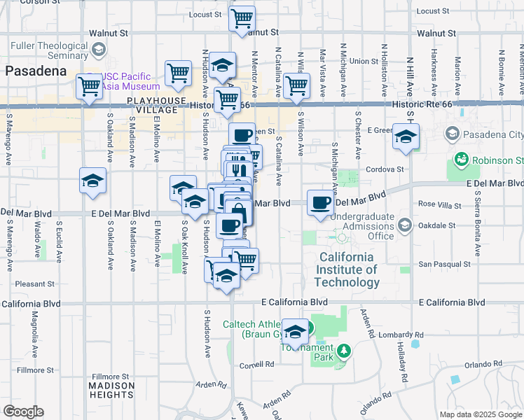 map of restaurants, bars, coffee shops, grocery stores, and more near 300 South Mentor Avenue in Pasadena
