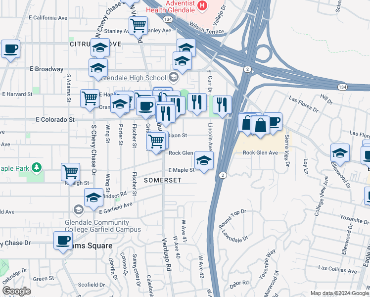 map of restaurants, bars, coffee shops, grocery stores, and more near 1443 Rock Glen Avenue in Glendale