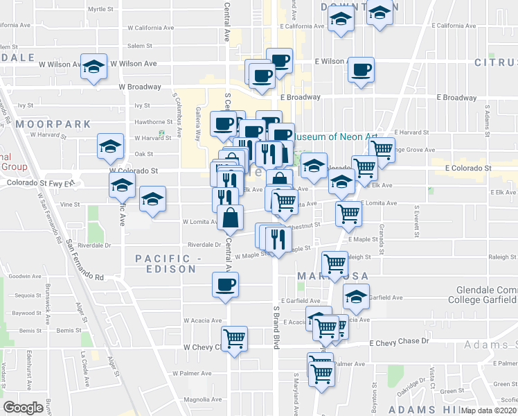 map of restaurants, bars, coffee shops, grocery stores, and more near 121 West Lomita Avenue in Glendale