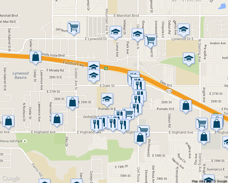 map of restaurants, bars, coffee shops, grocery stores, and more near 1342 Pumalo Street East in San Bernardino
