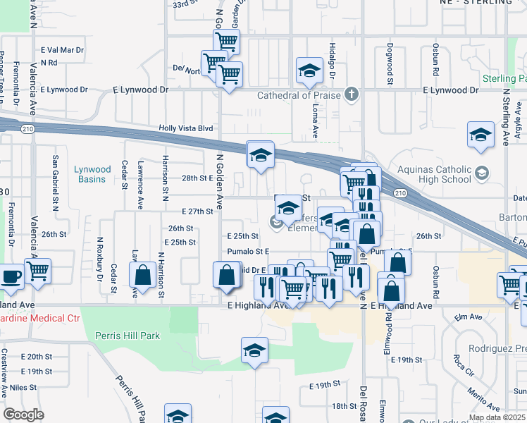 map of restaurants, bars, coffee shops, grocery stores, and more near 1342 Pumalo Street East in San Bernardino
