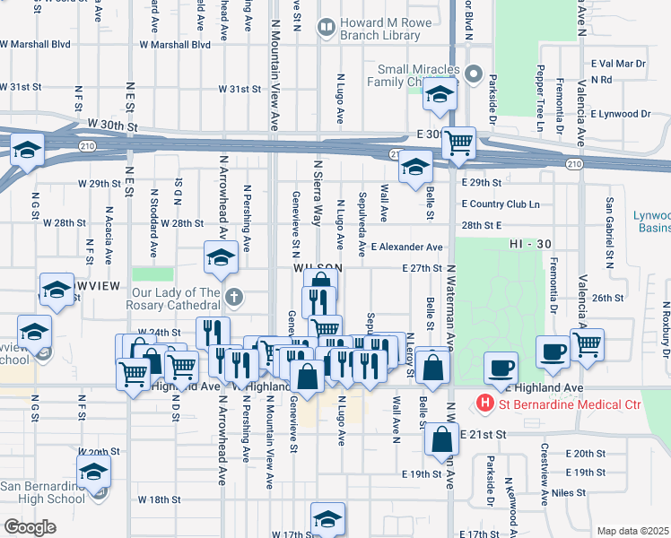 map of restaurants, bars, coffee shops, grocery stores, and more near 2629 North Sierra Way in San Bernardino