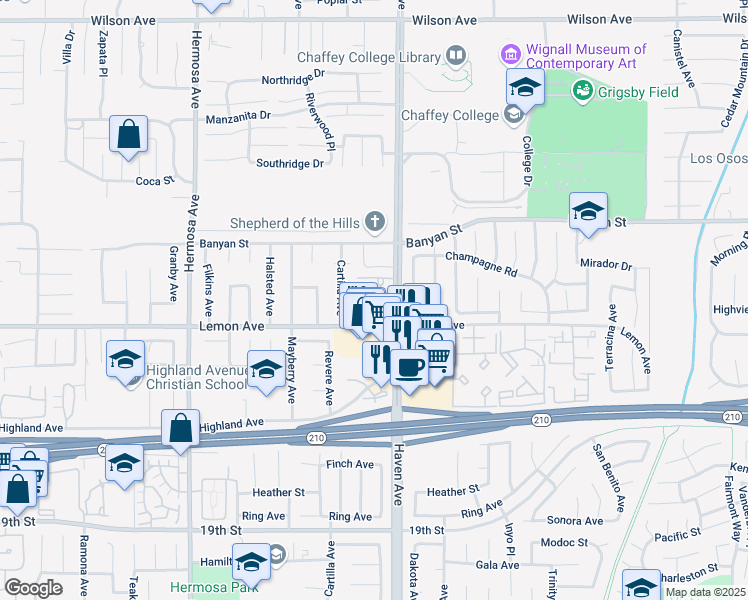 map of restaurants, bars, coffee shops, grocery stores, and more near 6279 Cartilla Avenue in Rancho Cucamonga