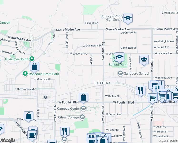 map of restaurants, bars, coffee shops, grocery stores, and more near 319 North Oakbank Drive in Glendora