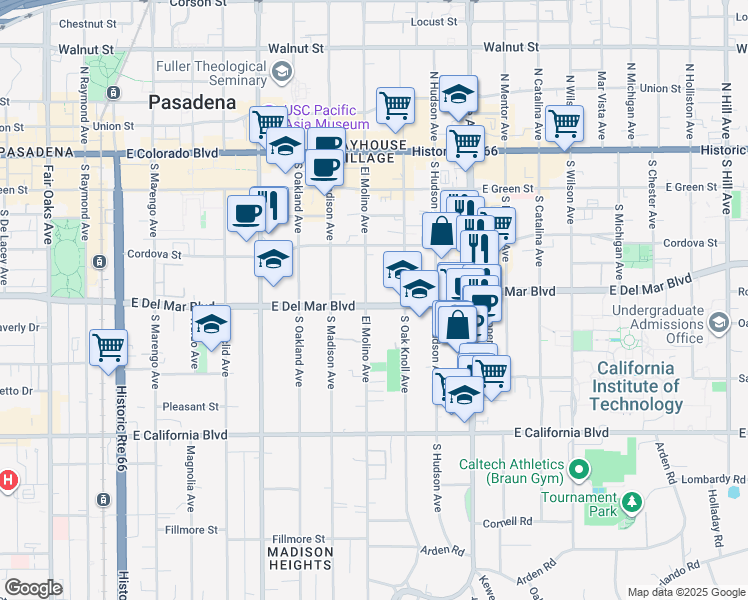 map of restaurants, bars, coffee shops, grocery stores, and more near 350 South Madison Avenue in Pasadena