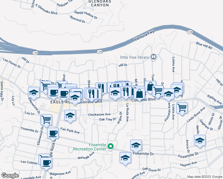 map of restaurants, bars, coffee shops, grocery stores, and more near 5116 Hermosa Avenue in Los Angeles