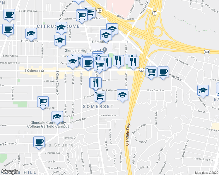 map of restaurants, bars, coffee shops, grocery stores, and more near 1444 Rock Glen Avenue in Glendale
