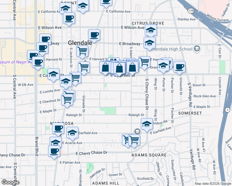 map of restaurants, bars, coffee shops, grocery stores, and more near 523 South Belmont Street in Glendale