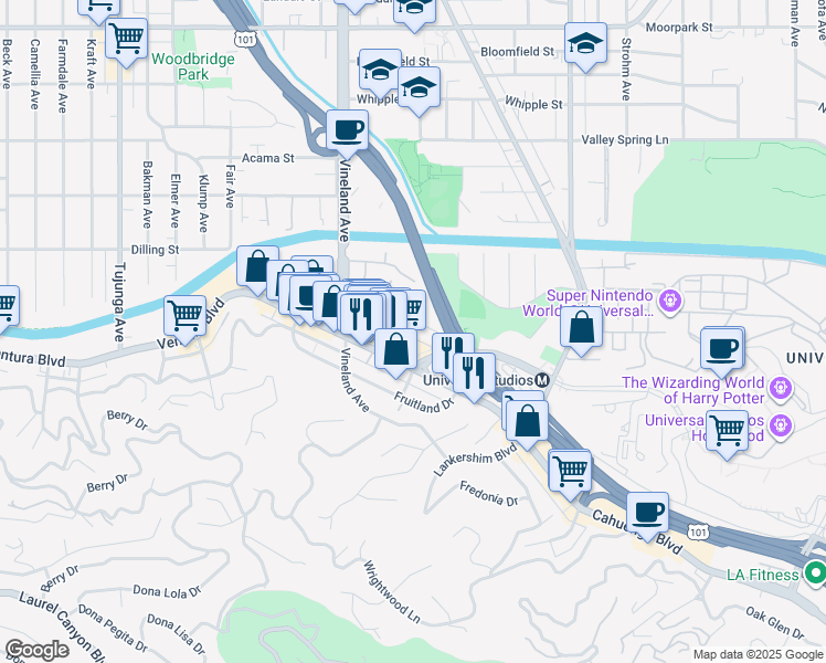 map of restaurants, bars, coffee shops, grocery stores, and more near 10901 Ventura Boulevard in Los Angeles