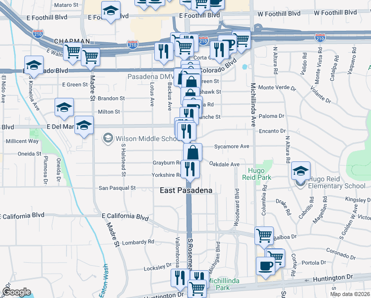 map of restaurants, bars, coffee shops, grocery stores, and more near 273 South Rosemead Boulevard in Pasadena