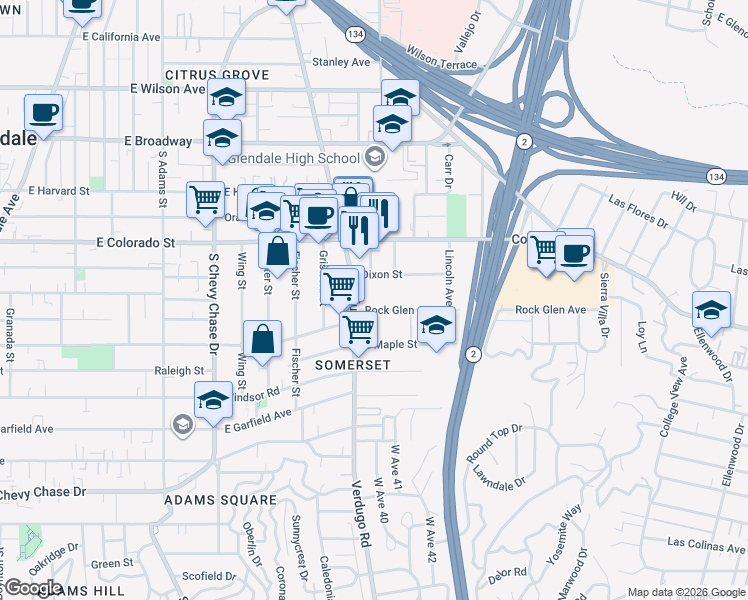 map of restaurants, bars, coffee shops, grocery stores, and more near 1417 Rock Glen Avenue in Glendale