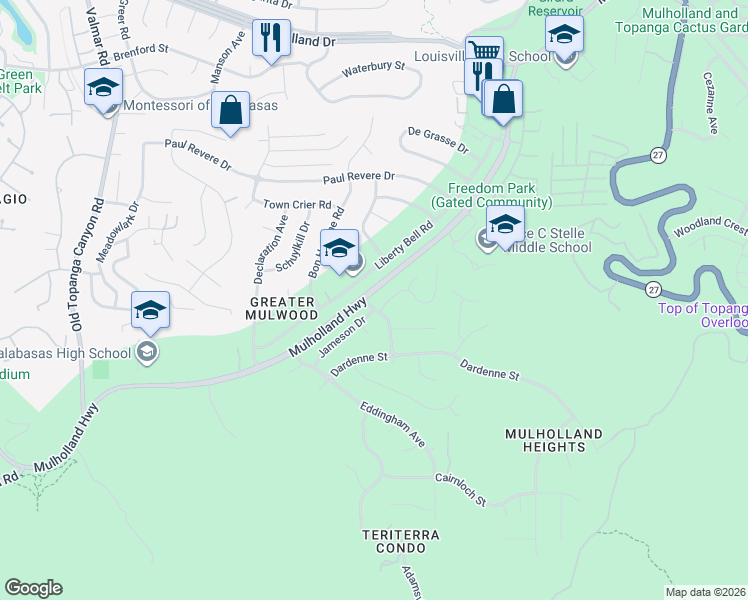 map of restaurants, bars, coffee shops, grocery stores, and more near 3950 Daguerre Avenue in Calabasas
