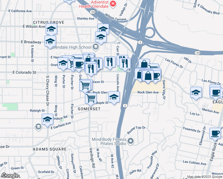 map of restaurants, bars, coffee shops, grocery stores, and more near 1523 Rock Glen Avenue in Glendale