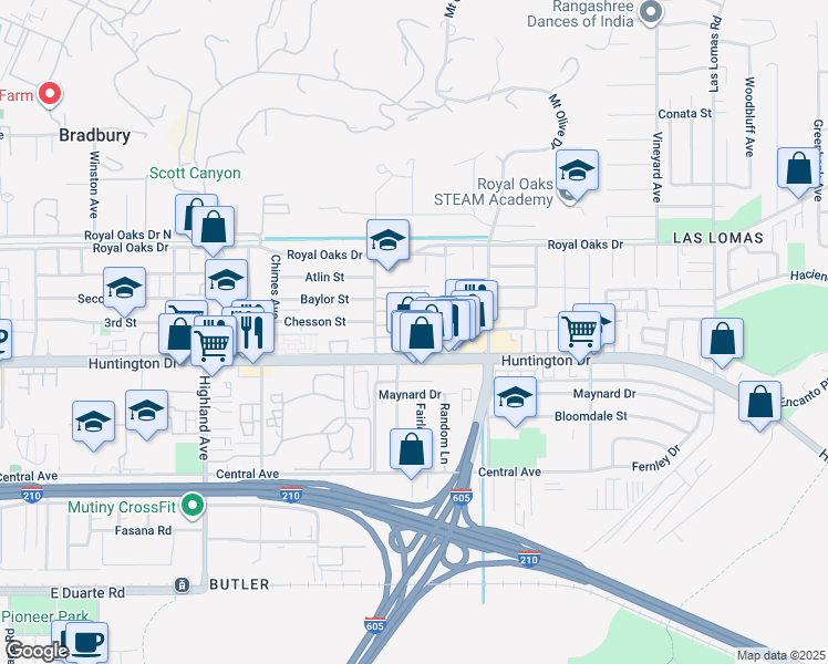 map of restaurants, bars, coffee shops, grocery stores, and more near 1030 Bradbourne Avenue in Duarte
