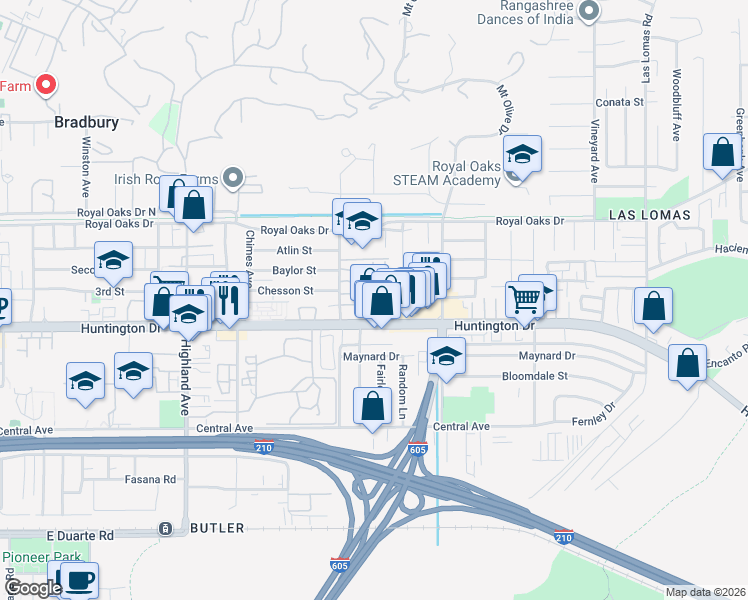 map of restaurants, bars, coffee shops, grocery stores, and more near 1030 Bradbourne Avenue in Duarte
