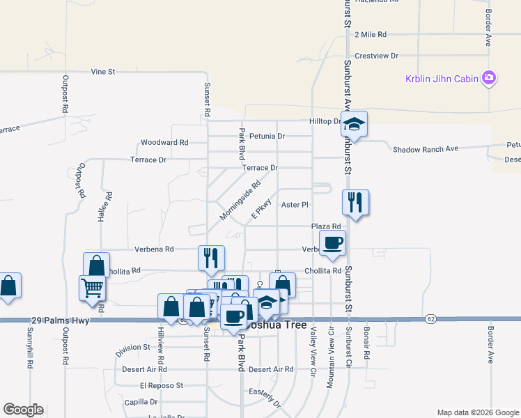 map of restaurants, bars, coffee shops, grocery stores, and more near 6213 East Parkway in Joshua Tree