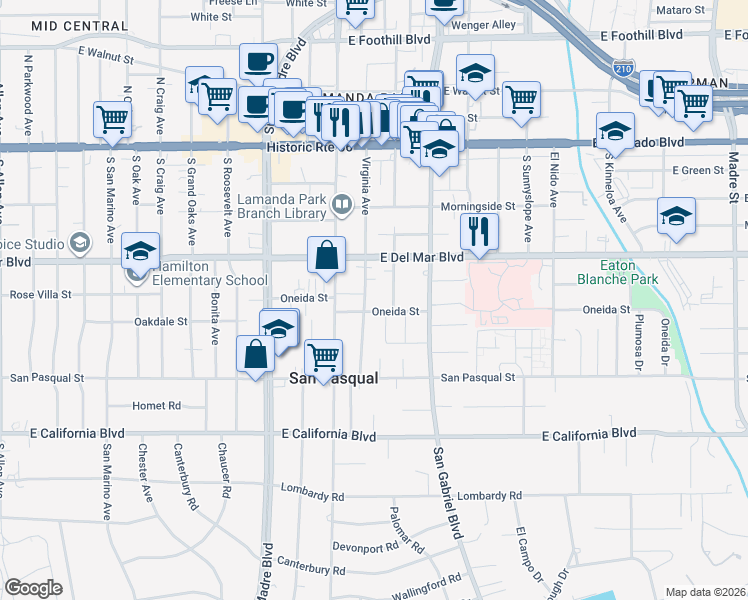 map of restaurants, bars, coffee shops, grocery stores, and more near 346 Northcliff Road in Pasadena