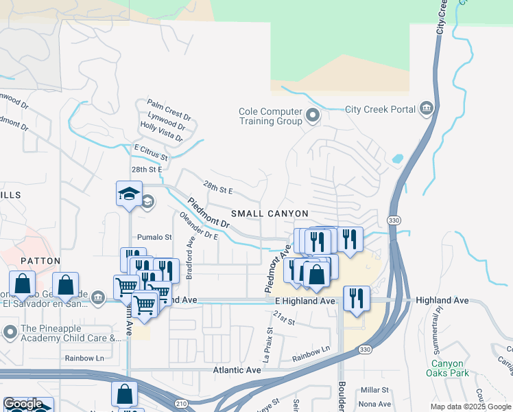 map of restaurants, bars, coffee shops, grocery stores, and more near 2794 La Praix Street in Highland