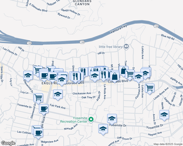 map of restaurants, bars, coffee shops, grocery stores, and more near 5116 Hermosa Avenue in Los Angeles