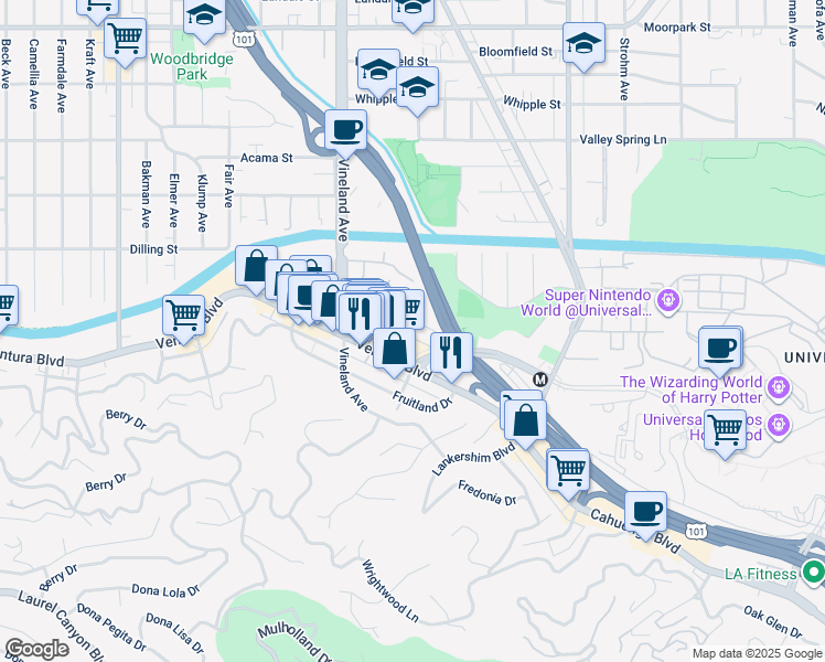 map of restaurants, bars, coffee shops, grocery stores, and more near 10900 Bluffside Dr in Studio City