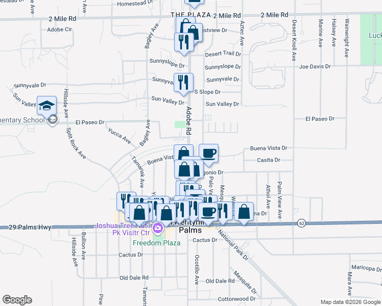 map of restaurants, bars, coffee shops, grocery stores, and more near 6221 Adobe Road in Twentynine Palms