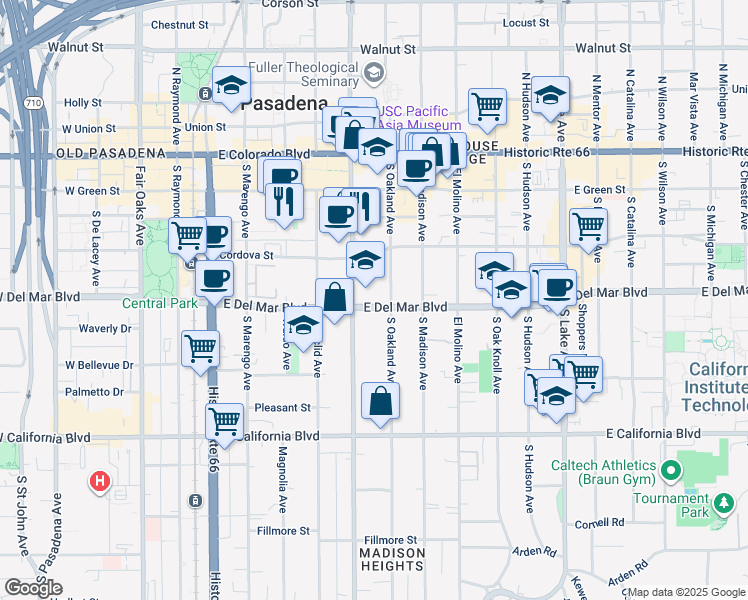map of restaurants, bars, coffee shops, grocery stores, and more near 477 East Del Mar Boulevard in Pasadena