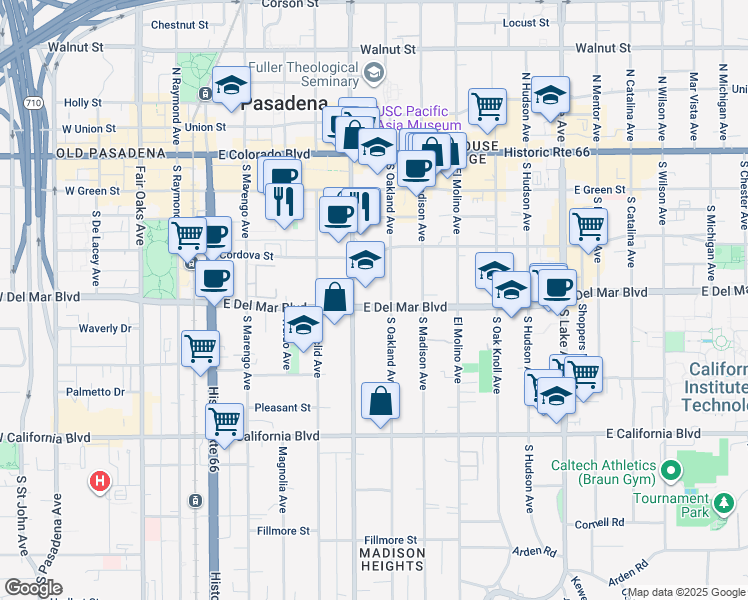 map of restaurants, bars, coffee shops, grocery stores, and more near 477 East Del Mar Boulevard in Pasadena