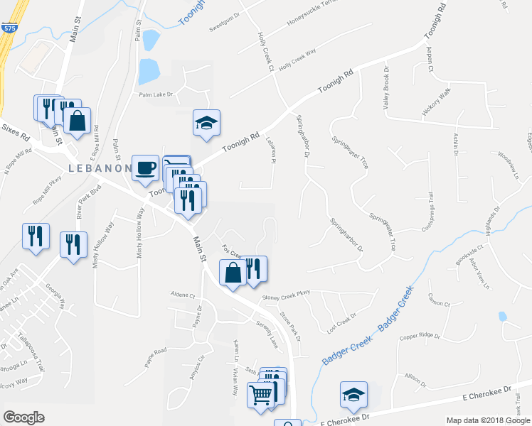 map of restaurants, bars, coffee shops, grocery stores, and more near 557 Fox Creek Crossing in Woodstock