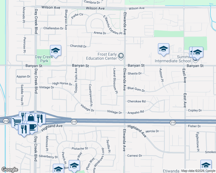 map of restaurants, bars, coffee shops, grocery stores, and more near 12752 Rock Garden Court in Rancho Cucamonga