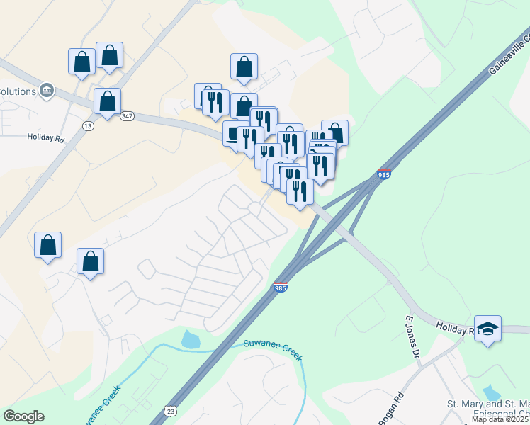 map of restaurants, bars, coffee shops, grocery stores, and more near 4922 Holly Lane in Buford