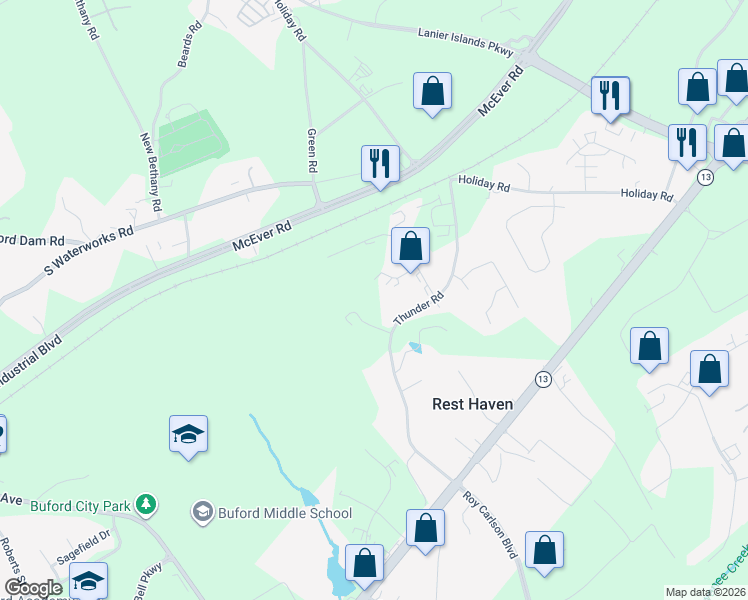 map of restaurants, bars, coffee shops, grocery stores, and more near 434 Thunder Road in Buford
